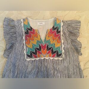 THML Blue and White Ruffled Bib Collar Blouse